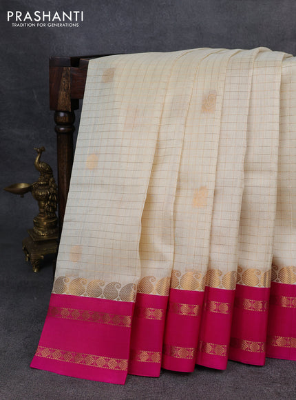 Kuppadam silk cotton saree cream and blue with allover zari checks & buttas and rettapet zari woven border