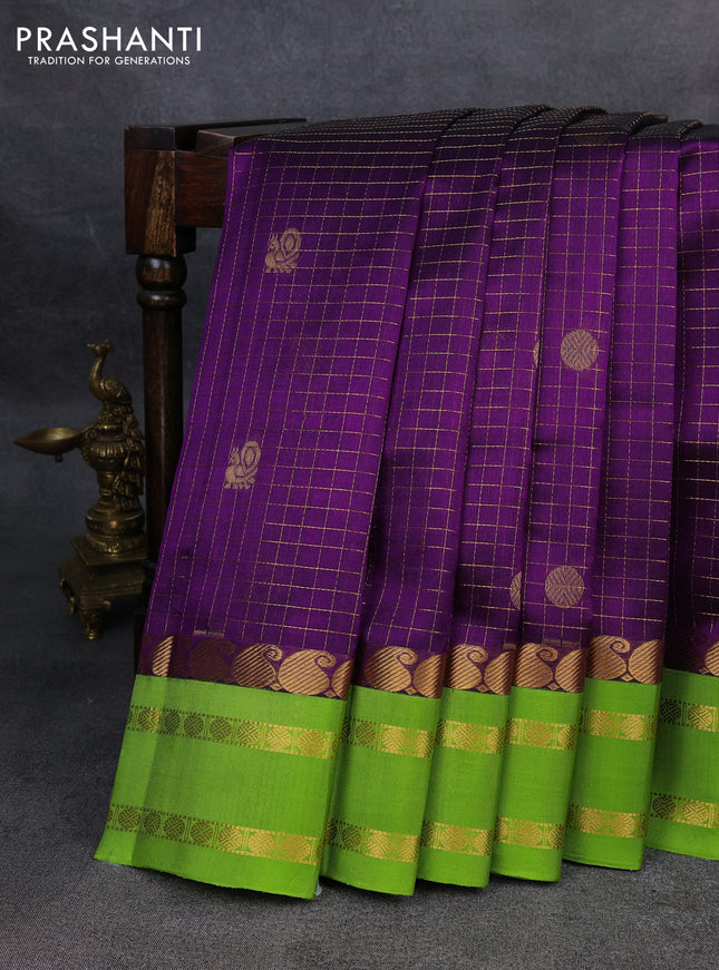 Kuppadam silk cotton saree blue and light green with allover zari checks & buttas and rettapet zari woven border