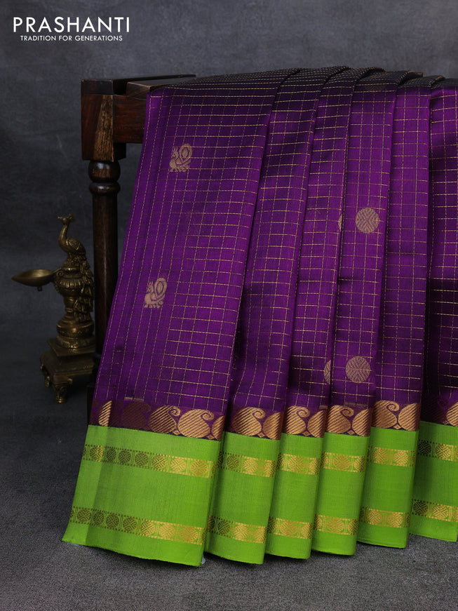 Kuppadam silk cotton saree blue and light green with allover zari checks & buttas and rettapet zari woven border