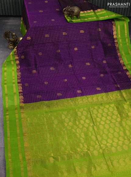 Kuppadam silk cotton saree blue and light green with allover zari checks & buttas and rettapet zari woven border