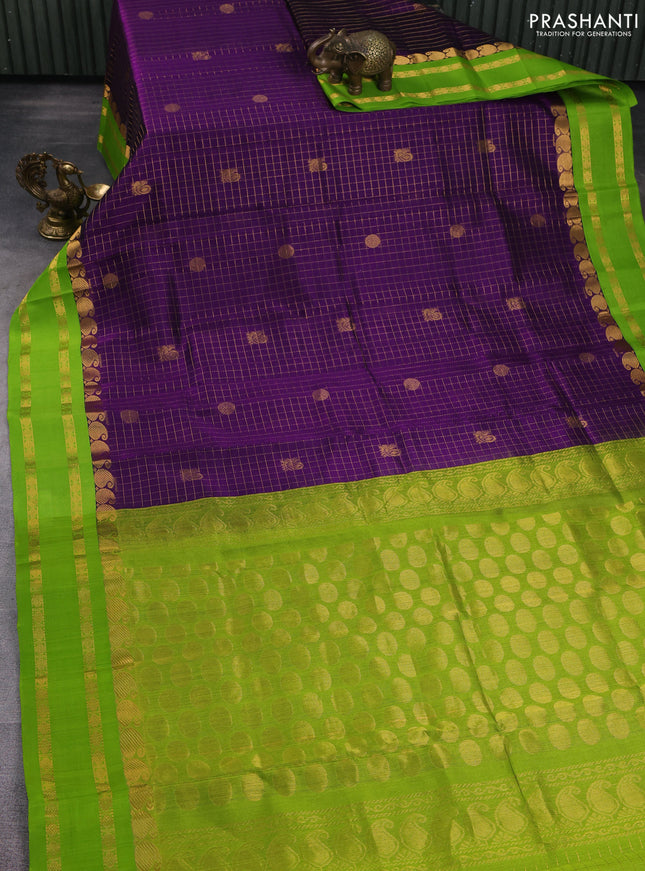 Kuppadam silk cotton saree blue and light green with allover zari checks & buttas and rettapet zari woven border