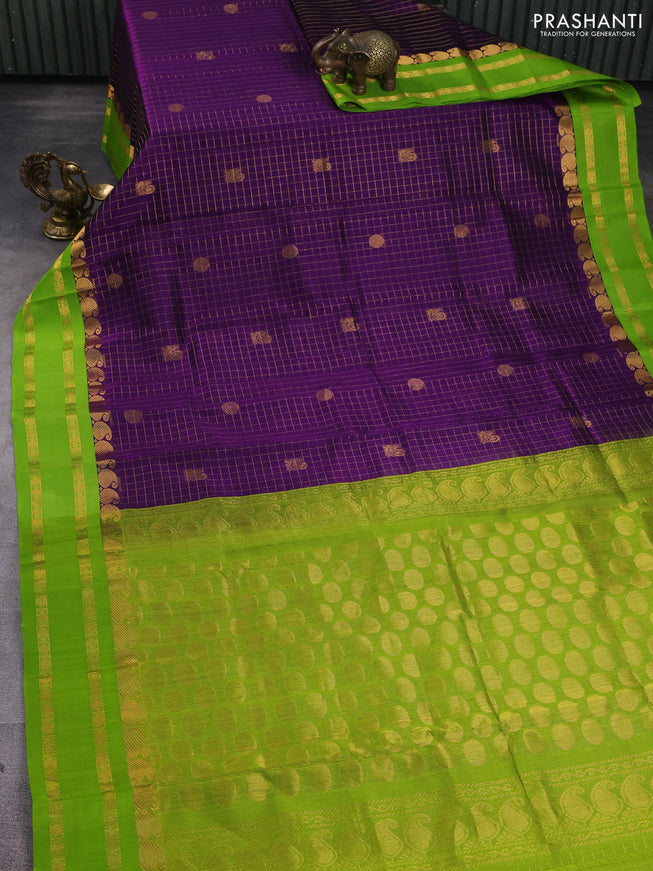 Kuppadam silk cotton saree blue and light green with allover zari checks & buttas and rettapet zari woven border