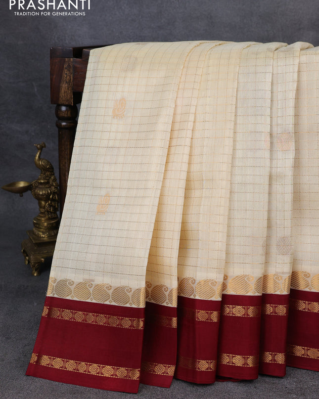 Kuppadam silk cotton saree cream and maroon with allover zari checks & buttas and rettapet zari woven border