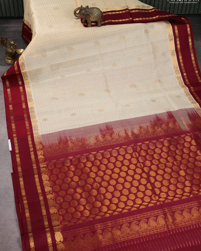 Kuppadam silk cotton saree cream and maroon with allover zari checks & buttas and rettapet zari woven border