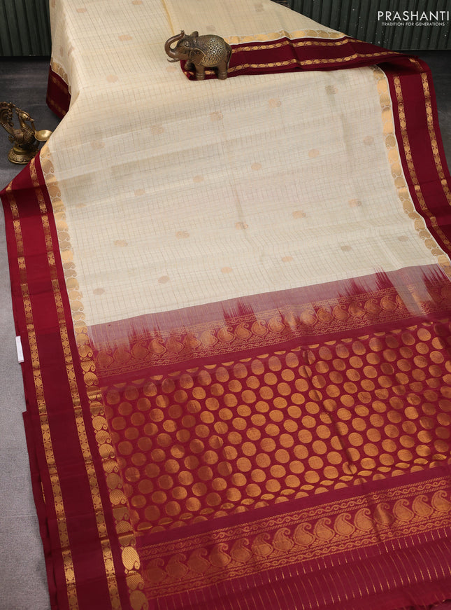 Kuppadam silk cotton saree cream and maroon with allover zari checks & buttas and rettapet zari woven border