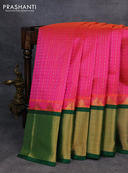 Kuppadam silk cotton saree dual shade of pink and green with allover zari checks & lakshadeepam weaves and temple design zari checked border