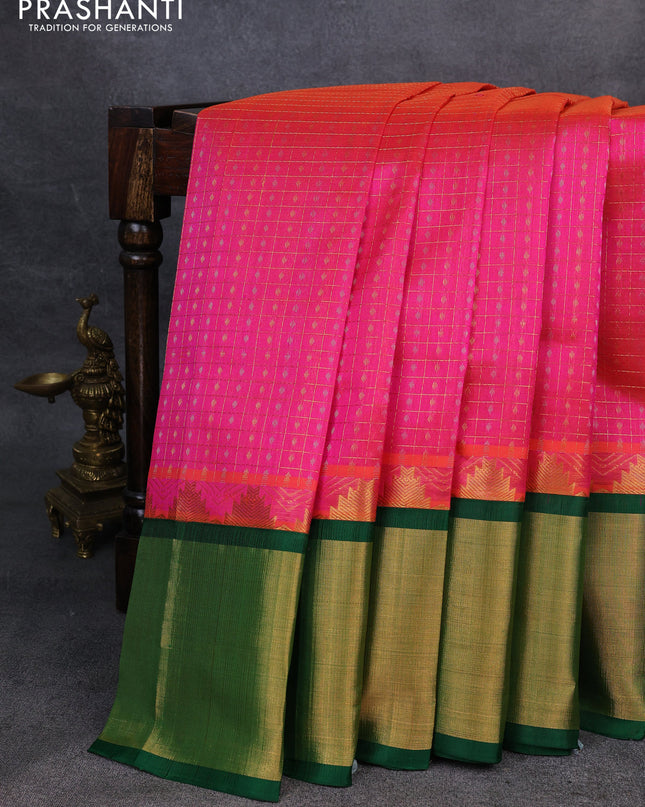 Kuppadam silk cotton saree dual shade of pink and green with allover zari checks & lakshadeepam weaves and temple design zari checked border