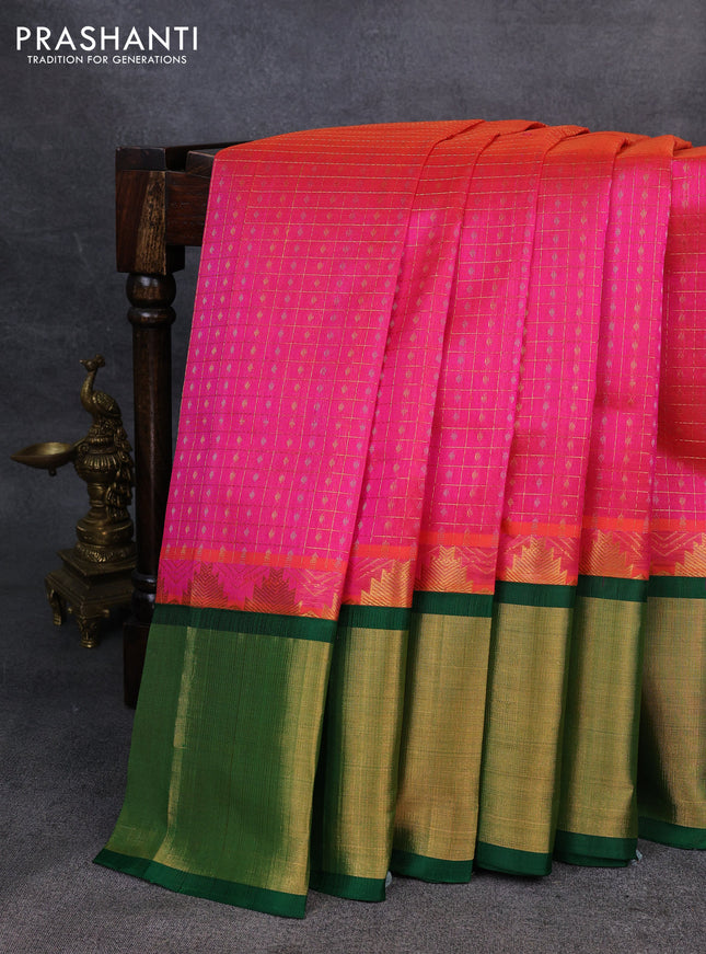 Kuppadam silk cotton saree dual shade of pink and green with allover zari checks & lakshadeepam weaves and temple design zari checked border