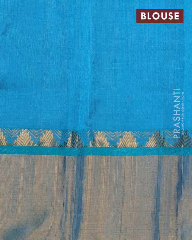 Kuppadam silk cotton saree pastel lavender and teal blue with allover zari checks & lakshadeepam weaves and temple design zari checked border