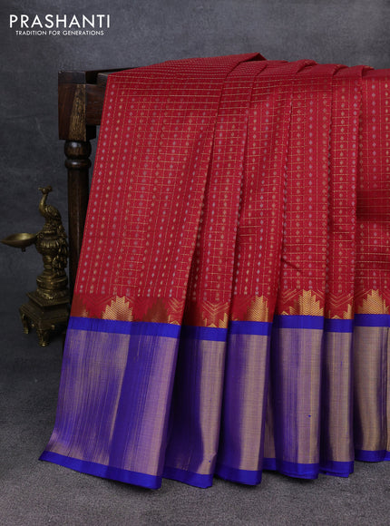 Kuppadam silk cotton saree red and blue with allover zari checks & lakshadeepam weaves and temple design zari checked border