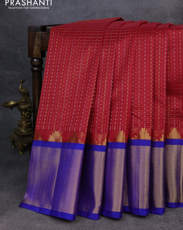 Kuppadam silk cotton saree red and blue with allover zari checks & lakshadeepam weaves and temple design zari checked border