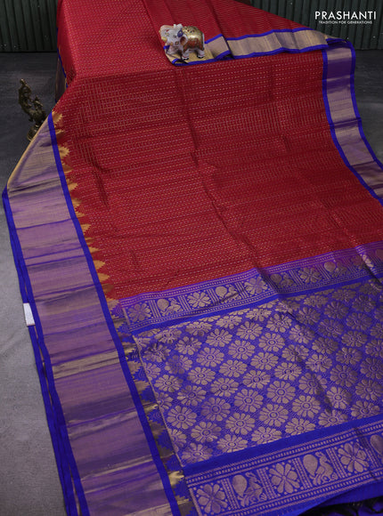 Kuppadam silk cotton saree red and blue with allover zari checks & lakshadeepam weaves and temple design zari checked border