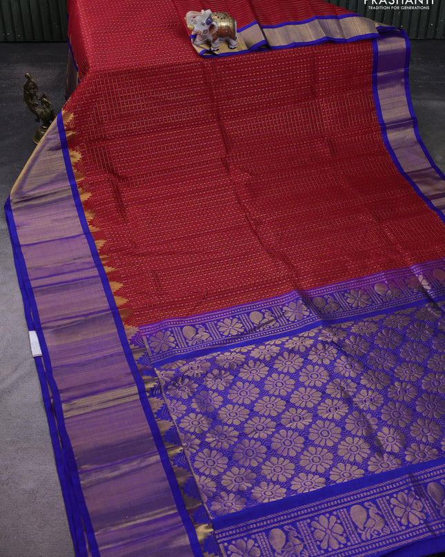 Kuppadam silk cotton saree red and blue with allover zari checks & lakshadeepam weaves and temple design zari checked border