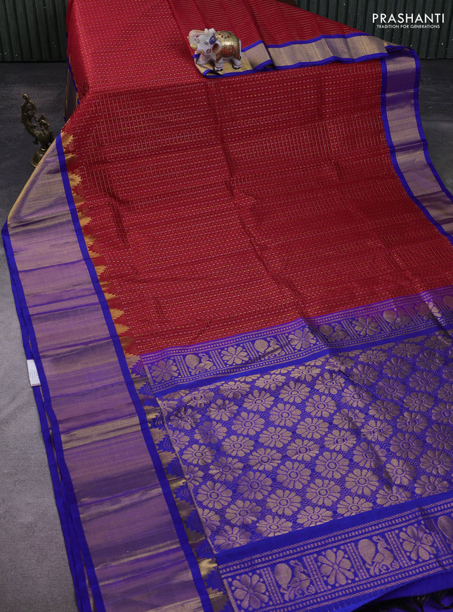Kuppadam silk cotton saree red and blue with allover zari checks & lakshadeepam weaves and temple design zari checked border