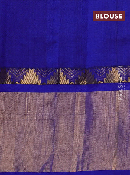 Kuppadam silk cotton saree red and blue with allover zari checks & lakshadeepam weaves and temple design zari checked border