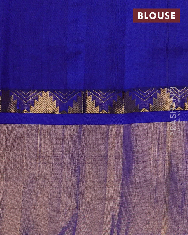 Kuppadam silk cotton saree red and blue with allover zari checks & lakshadeepam weaves and temple design zari checked border