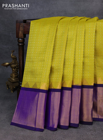 Kuppadam silk cotton saree lime yellow and blue with allover zari checks & lakshadeepam weaves and temple design zari checked border