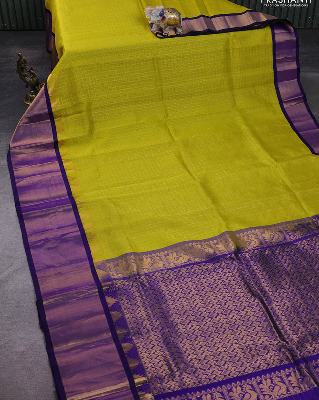 Kuppadam silk cotton saree lime yellow and blue with allover zari checks & lakshadeepam weaves and temple design zari checked border