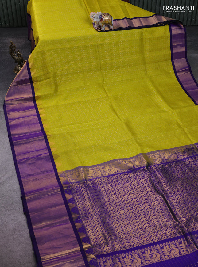 Kuppadam silk cotton saree lime yellow and blue with allover zari checks & lakshadeepam weaves and temple design zari checked border