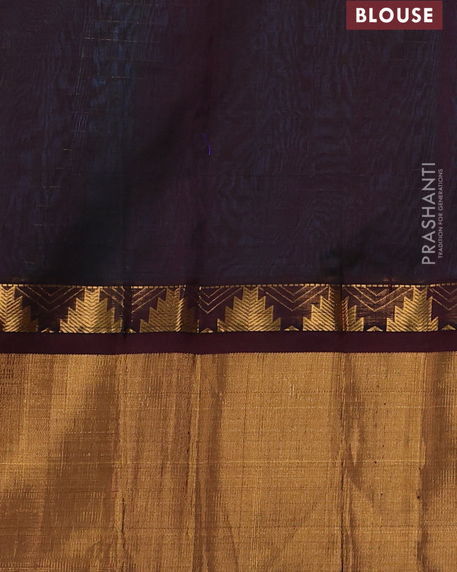 Kuppadam silk cotton saree teal blue and deep maroon with allover zari checks & lakshadeepam weaves and temple design zari checked border