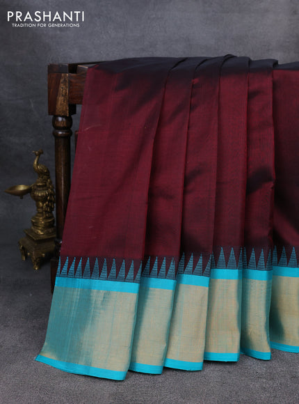 Kuppadam silk cotton saree deep maroon and teal blue with plain body and temple design zari checked border