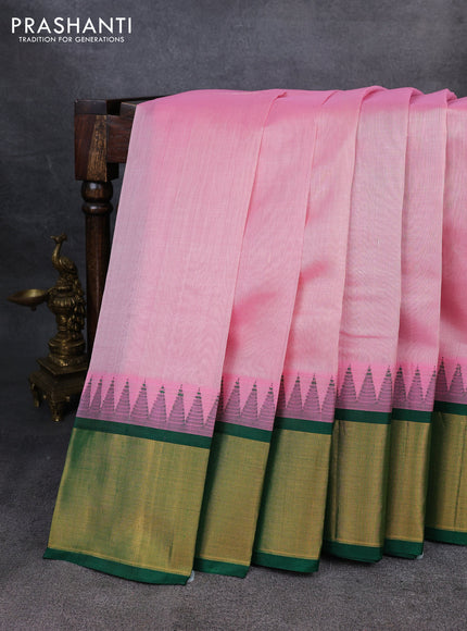 Kuppadam silk cotton saree pastel pink and green with plain body and temple design zari checked border