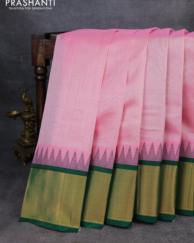 Kuppadam silk cotton saree pastel pink and green with plain body and temple design zari checked border