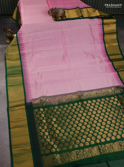 Kuppadam silk cotton saree pastel pink and green with plain body and temple design zari checked border