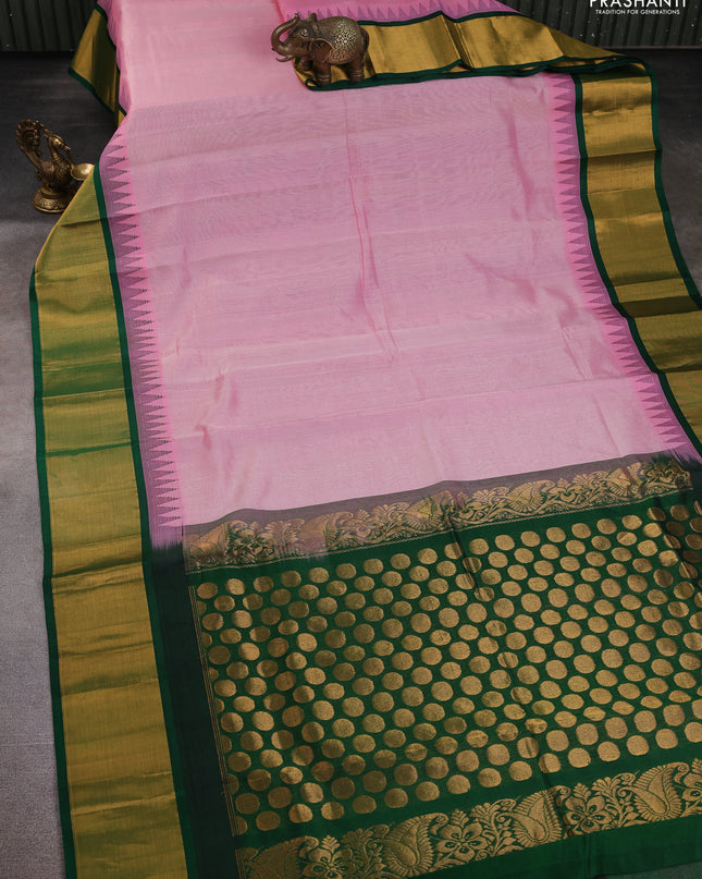 Kuppadam silk cotton saree pastel pink and green with plain body and temple design zari checked border