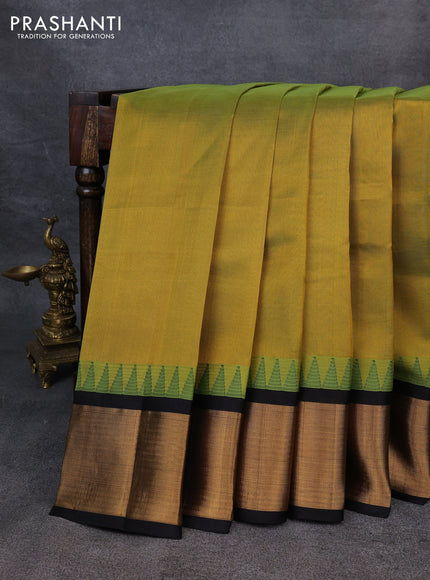 Kuppadam silk cotton saree lime green and black with plain body and temple design zari checked border