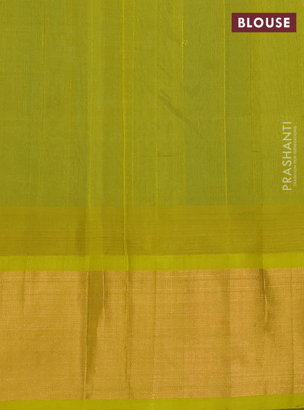 Kuppadam silk cotton saree teal blue and lime yellow with plain body and temple design zari checked border