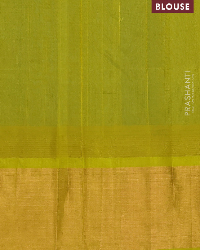 Kuppadam silk cotton saree teal blue and lime yellow with plain body and temple design zari checked border