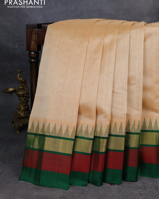Kuppadam silk cotton saree sandal and green with plain body and temple design zari checked border