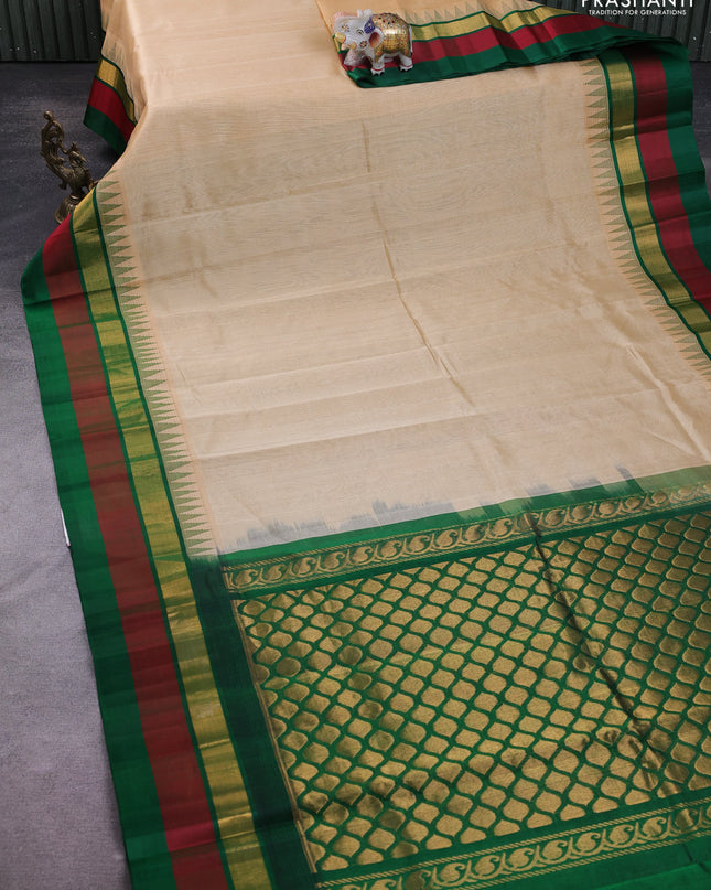 Kuppadam silk cotton saree sandal and green with plain body and temple design zari checked border