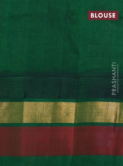 Kuppadam silk cotton saree sandal and green with plain body and temple design zari checked border
