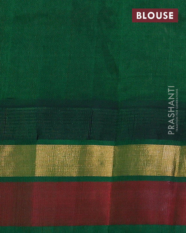 Kuppadam silk cotton saree sandal and green with plain body and temple design zari checked border