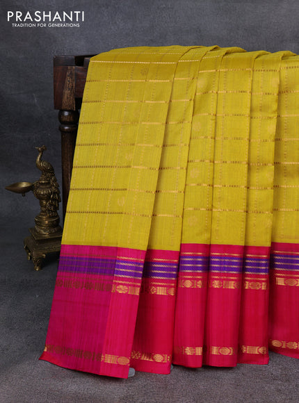 Kuppadam silk cotton saree lime yellow and pink with allover zari checks & buttas and rettapet zari woven border