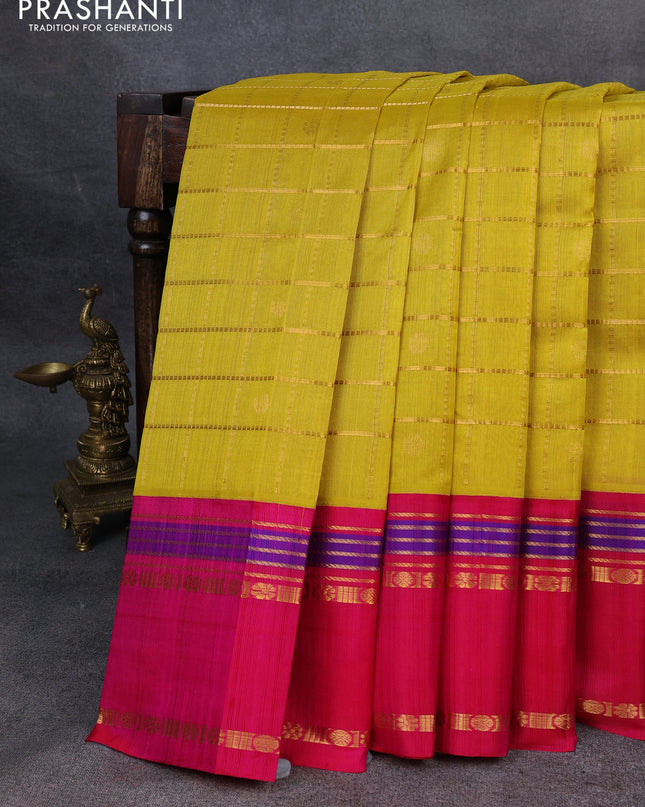 Kuppadam silk cotton saree lime yellow and pink with allover zari checks & buttas and rettapet zari woven border