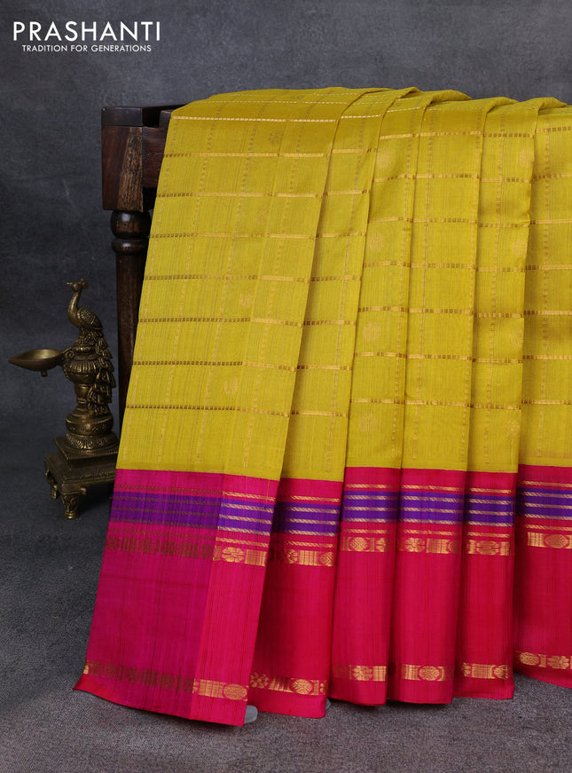 Kuppadam silk cotton saree lime yellow and pink with allover zari checks & buttas and rettapet zari woven border