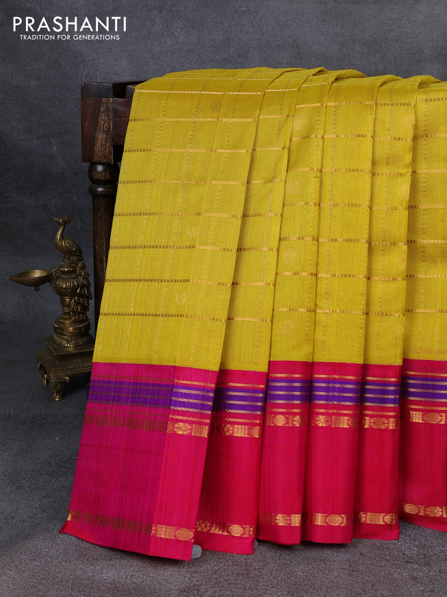 Kuppadam silk cotton saree lime yellow and pink with allover zari checks & buttas and rettapet zari woven border