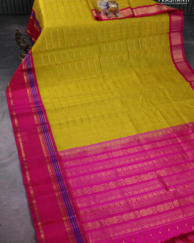 Kuppadam silk cotton saree lime yellow and pink with allover zari checks & buttas and rettapet zari woven border