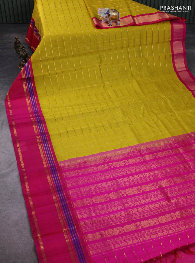 Kuppadam silk cotton saree lime yellow and pink with allover zari checks & buttas and rettapet zari woven border