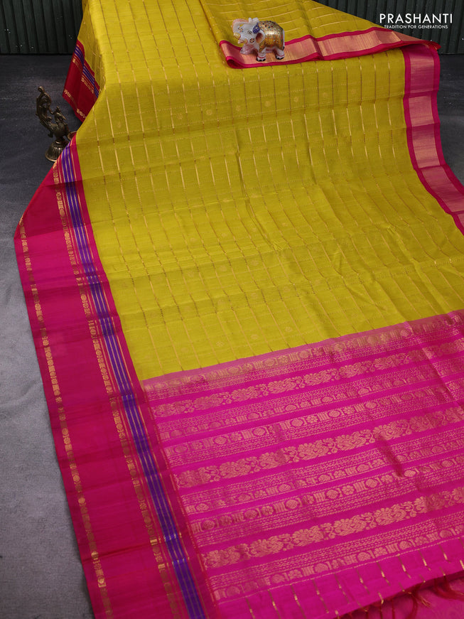 Kuppadam silk cotton saree lime yellow and pink with allover zari checks & buttas and rettapet zari woven border