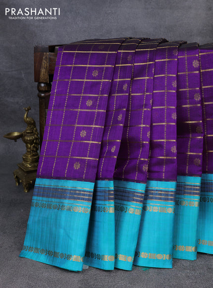 Kuppadam silk cotton saree purple and teal blue with allover zari checks & buttas and rettapet zari woven border