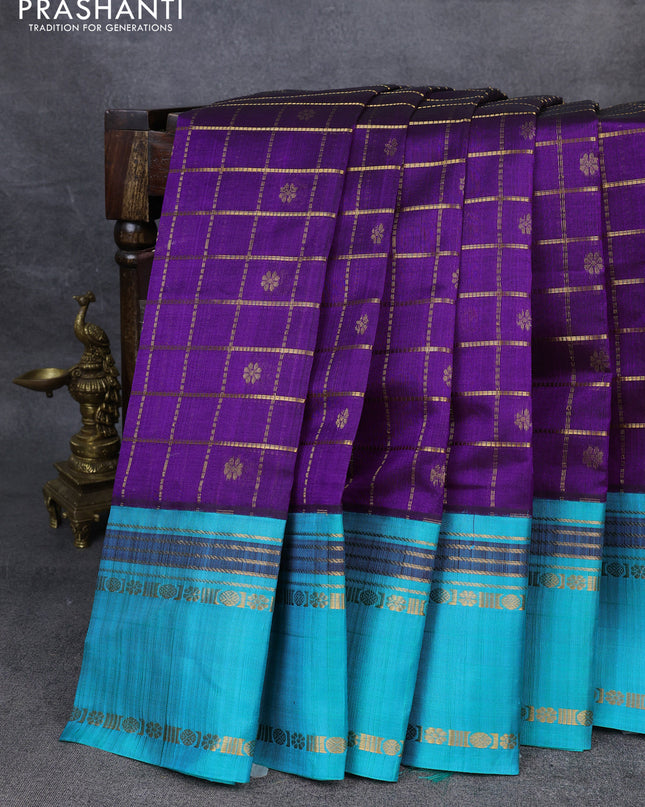 Kuppadam silk cotton saree purple and teal blue with allover zari checks & buttas and rettapet zari woven border