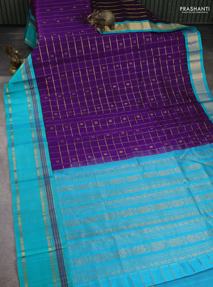 Kuppadam silk cotton saree purple and teal blue with allover zari checks & buttas and rettapet zari woven border