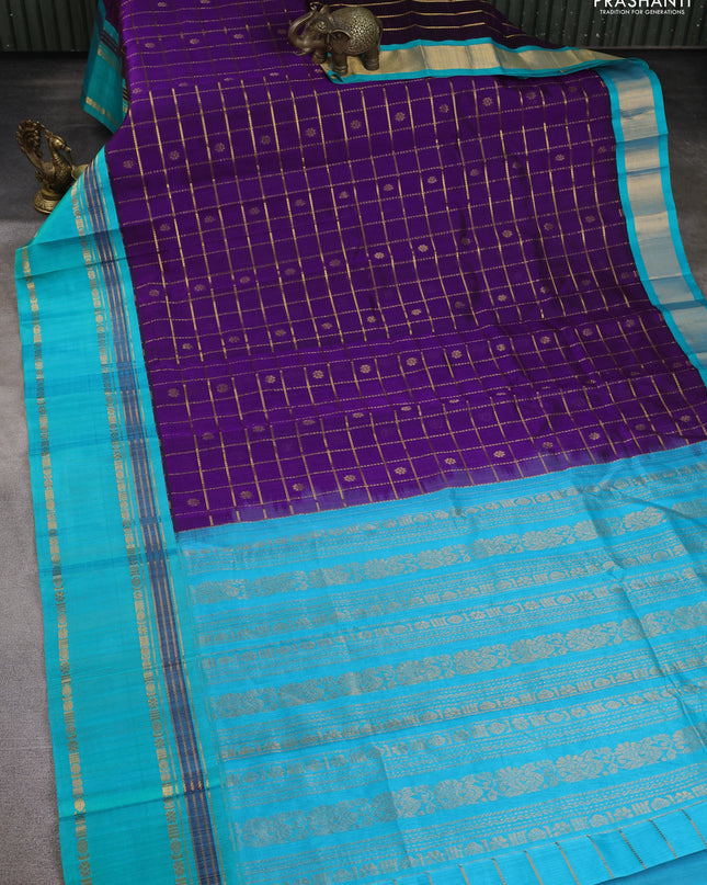 Kuppadam silk cotton saree purple and teal blue with allover zari checks & buttas and rettapet zari woven border