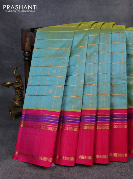 Kuppadam silk cotton saree teal shade and pink with allover zari checks & buttas and rettapet zari woven border