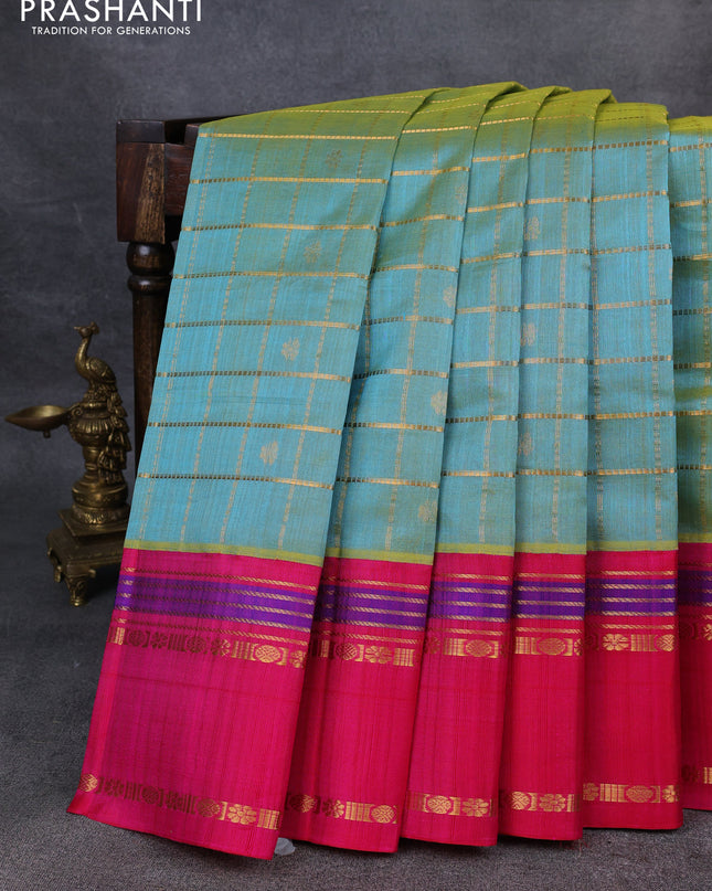 Kuppadam silk cotton saree teal shade and pink with allover zari checks & buttas and rettapet zari woven border