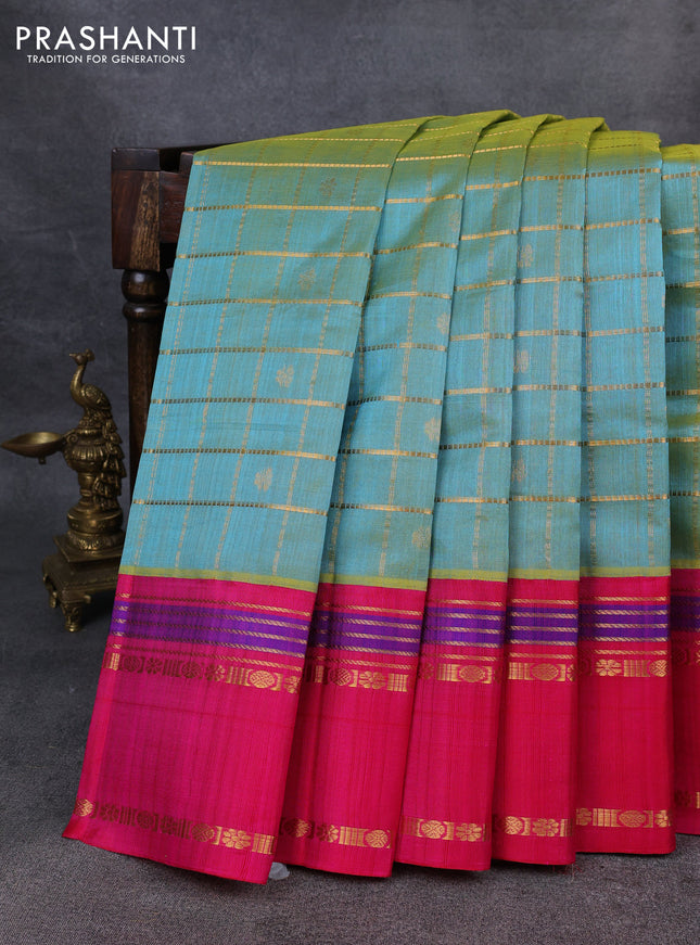 Kuppadam silk cotton saree teal shade and pink with allover zari checks & buttas and rettapet zari woven border